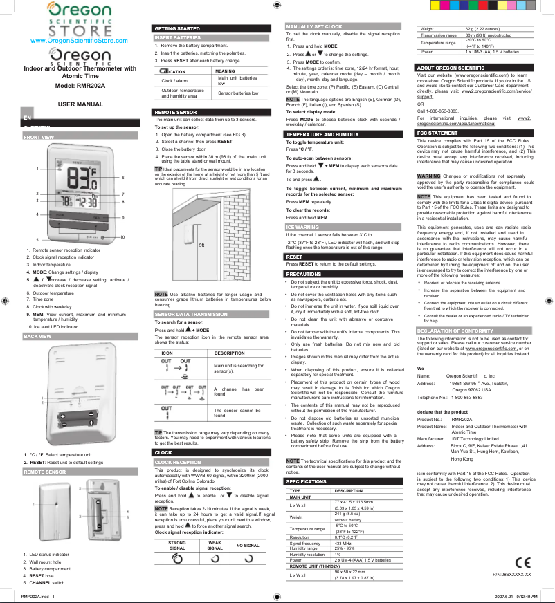 Page n°1 - Manuel utilisateur Oregon Scientific RMR202A