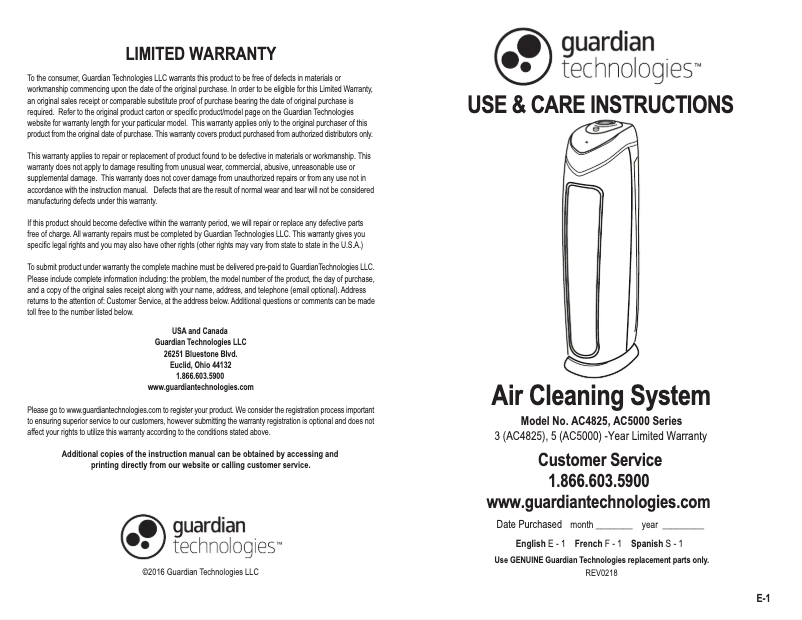 Page 1 of the manual User Manual GermGuardian AC5000