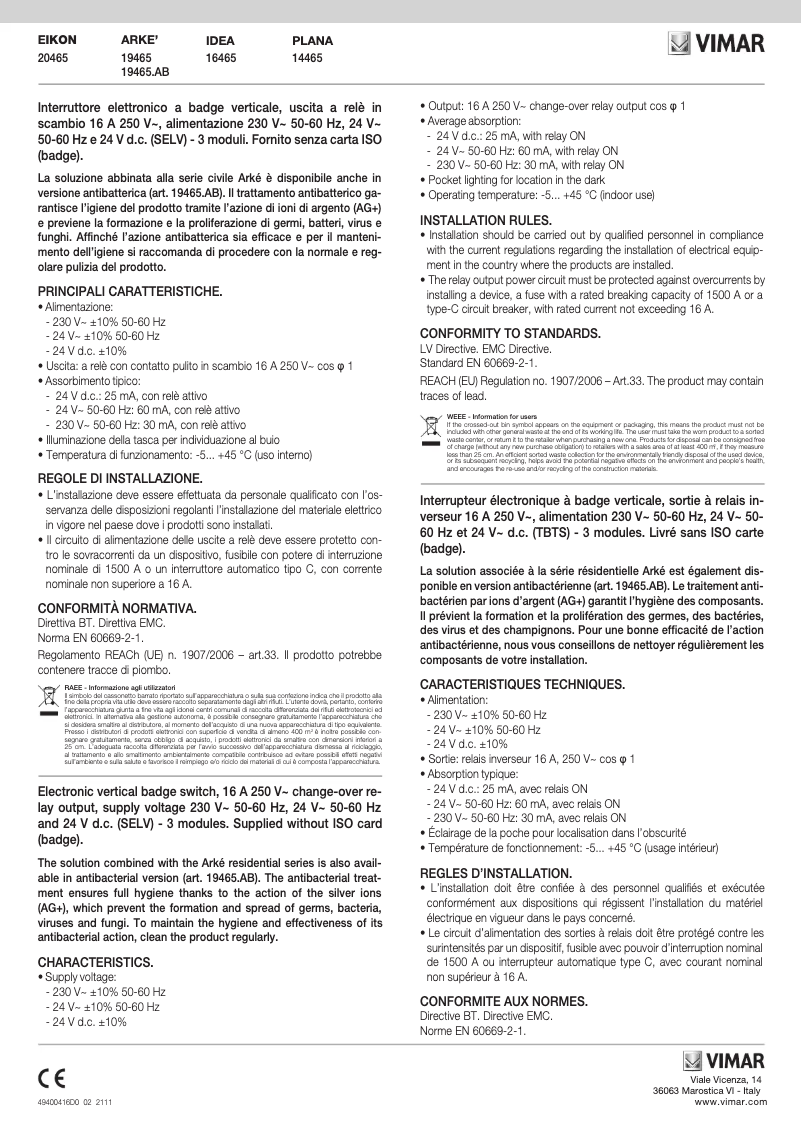 Page n°1 - Manuel utilisateur Vimar 16465.B