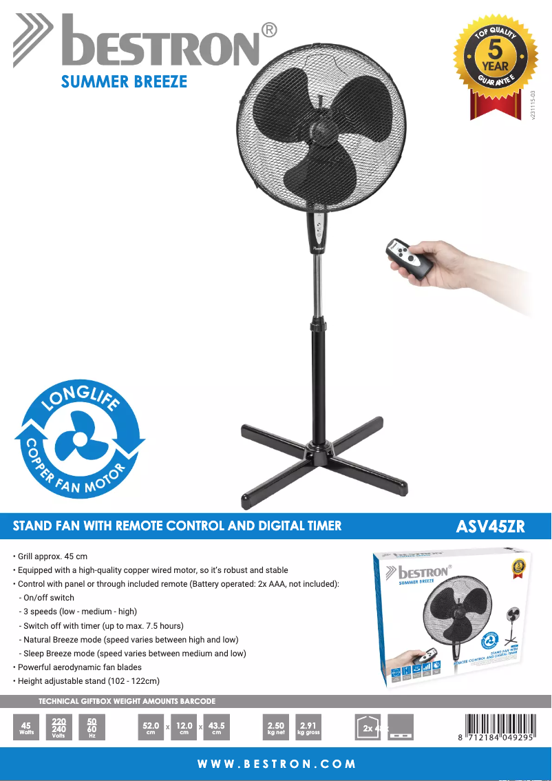 Page n°1 - Fiche technique Bestron ASV45ZR