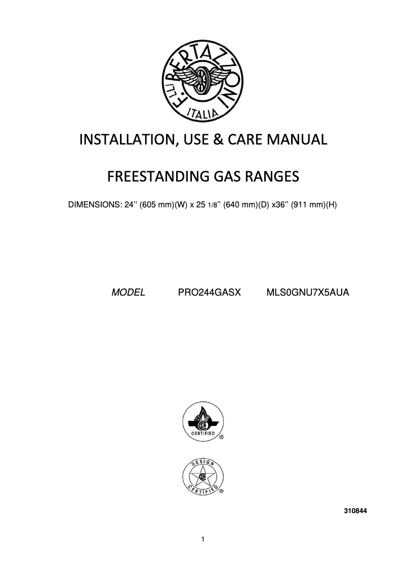 Page 1 de la notice Manuel utilisateur Bertazzoni PRO244GASX
