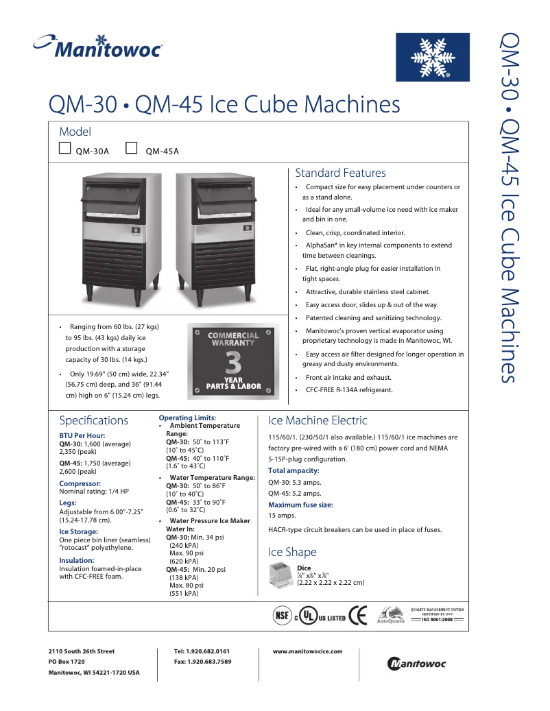Page 1 de la notice Fiche technique Manitowoc QM-30A