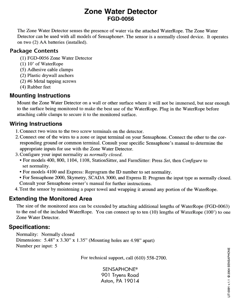 Page n°1 - Manuel utilisateur Sensaphone Zone Water Detector FGD-0056