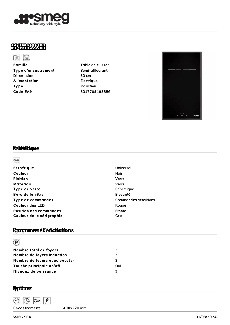 Page 1 de la notice Fiche technique Smeg SI5322B