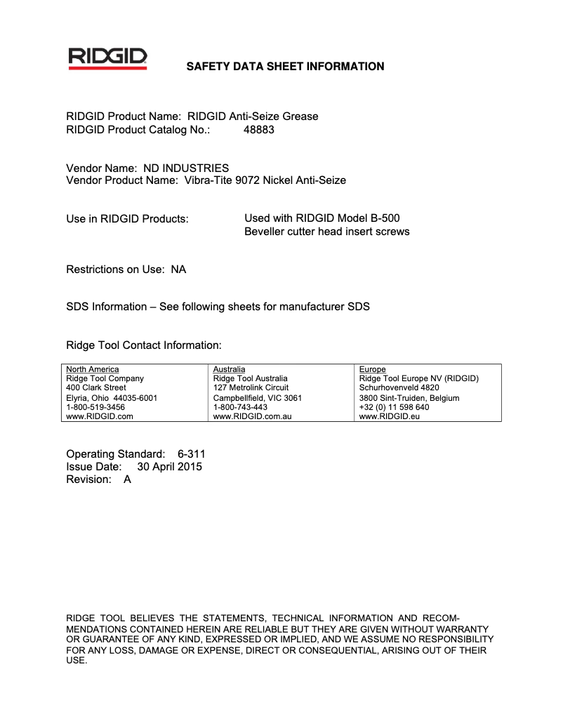 Page n°1 - Fiche technique Ridgid B-500