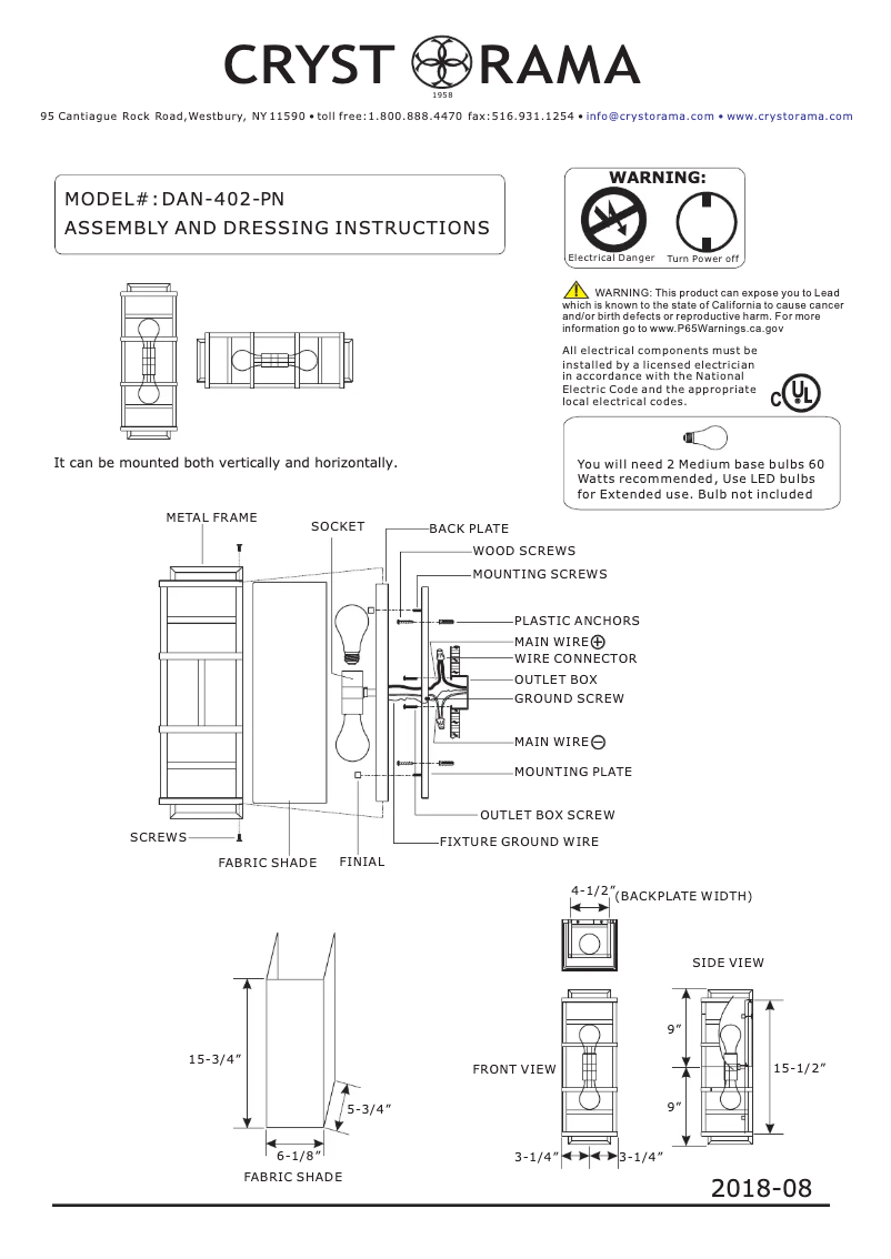 Page 1 de la notice Manuel utilisateur Crystorama Danielson DAN-402-PN