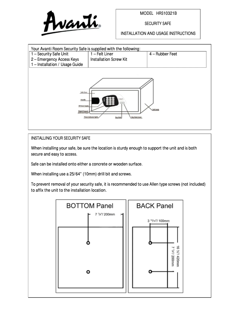 Page n°1 - Manuel utilisateur Avanti HRS10321B