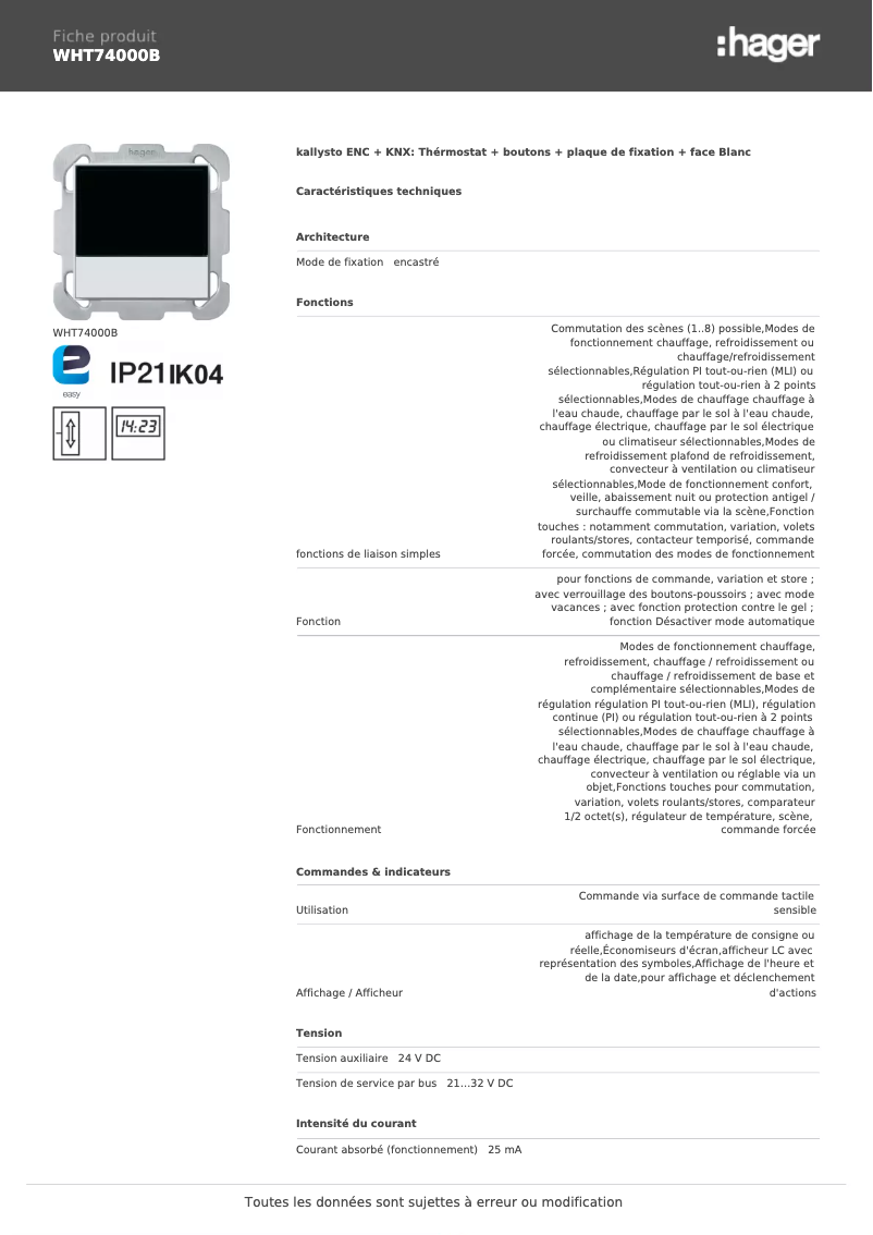 Page n°1 - Fiche technique Hager WHT74000B