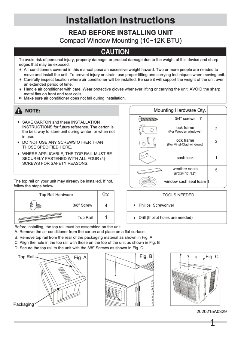 Page n°1 - Guide d'installation Frigidaire FRA102BT1