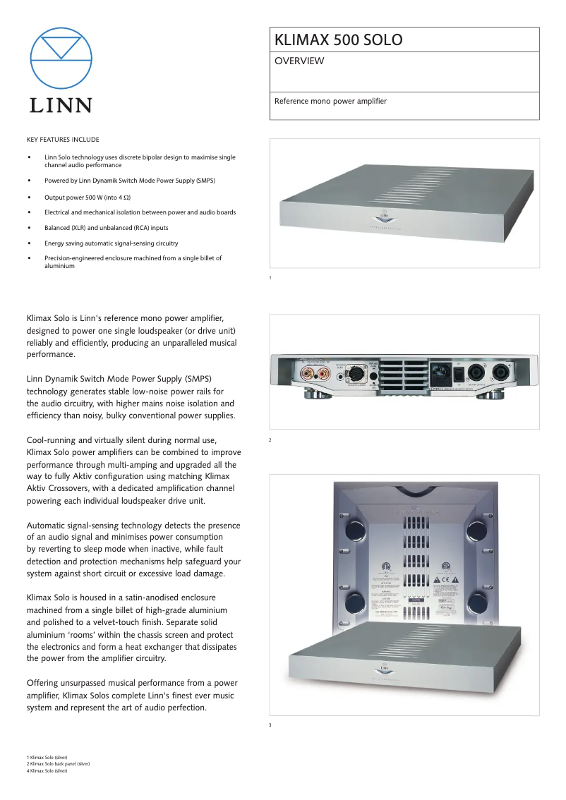 Page 1 de la notice Fiche technique Linn Klimax 500 Solo