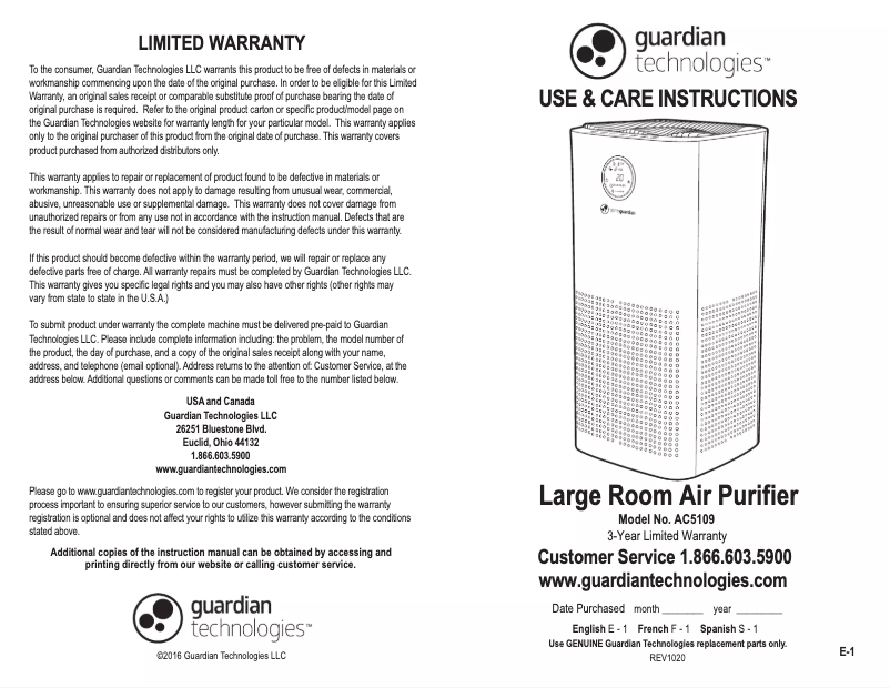 Page 1 de la notice Manuel utilisateur Guardian AC5109