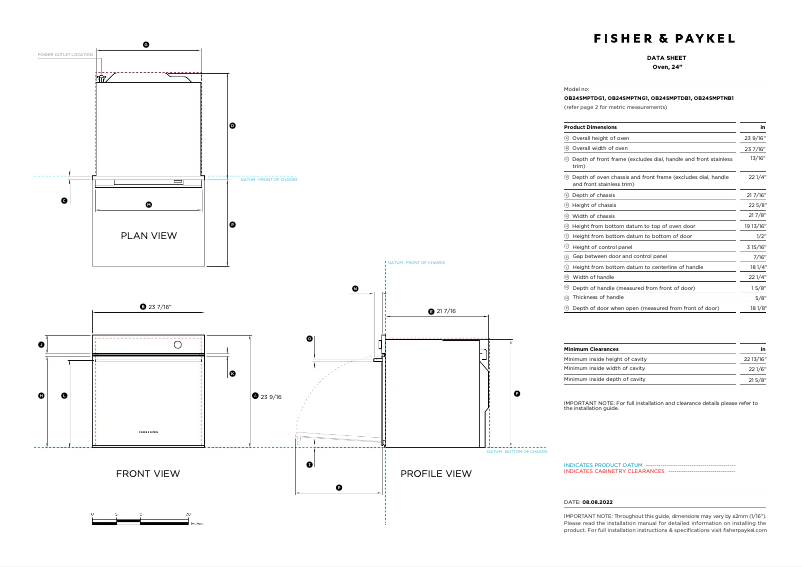 Página 1 del manual Ficha técnica Fisher & Paykel OB24SMPTNB1