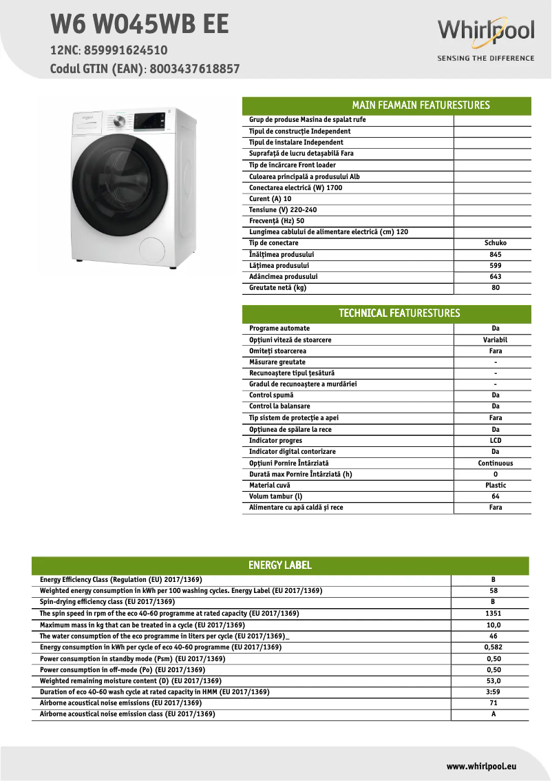 Image de la première page du manuel de l'appareil W6 W045WB