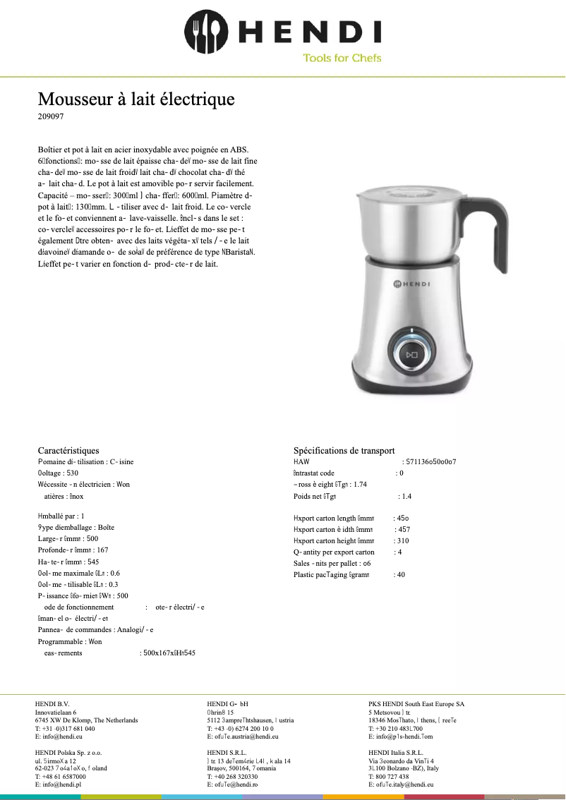 Page 1 de la notice Fiche technique Hendi 209097