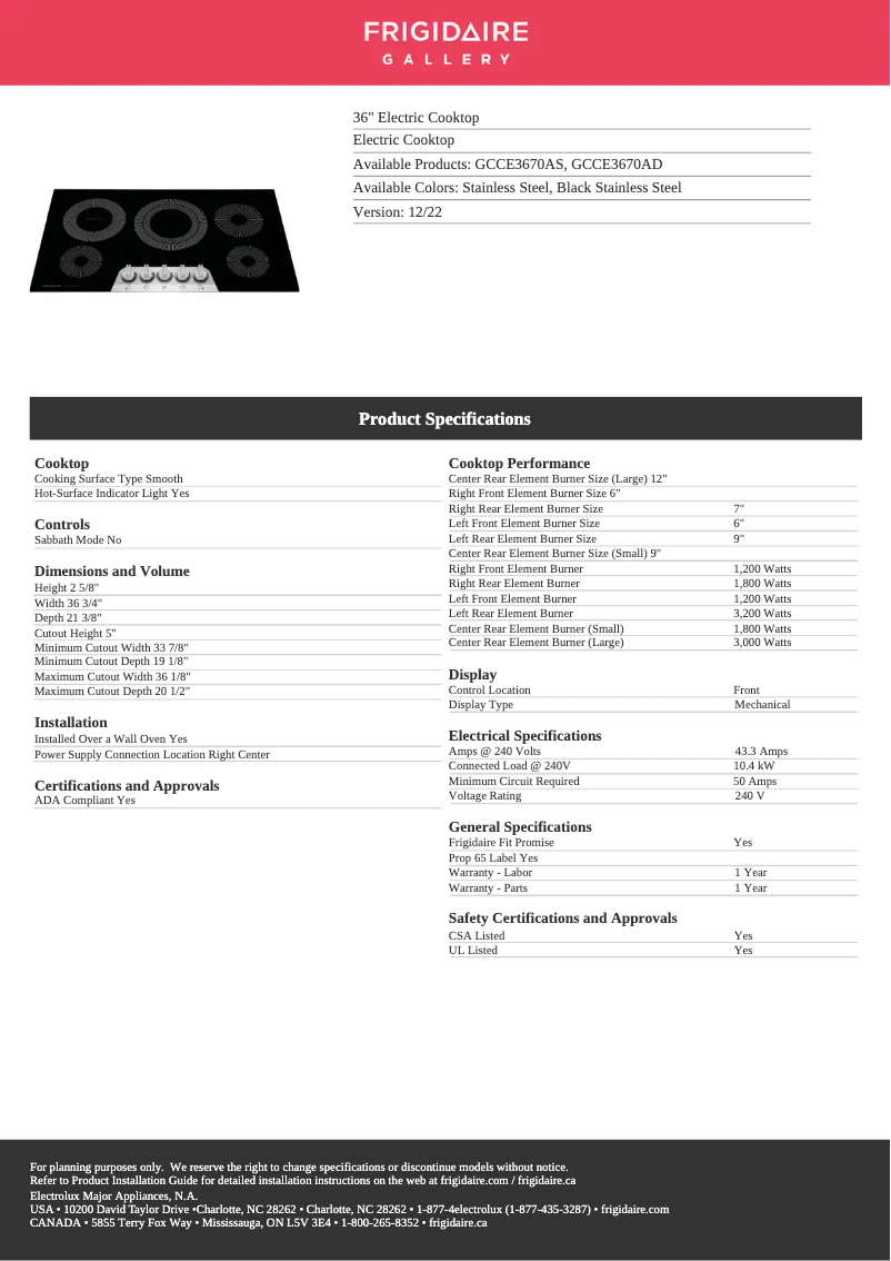 Page n°1 - Fiche technique Frigidaire GCCE3670AS