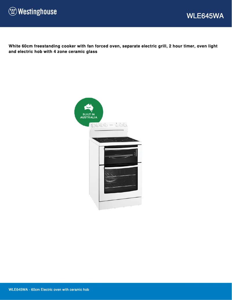Page 1 de la notice Fiche technique Westinghouse WLE645WA