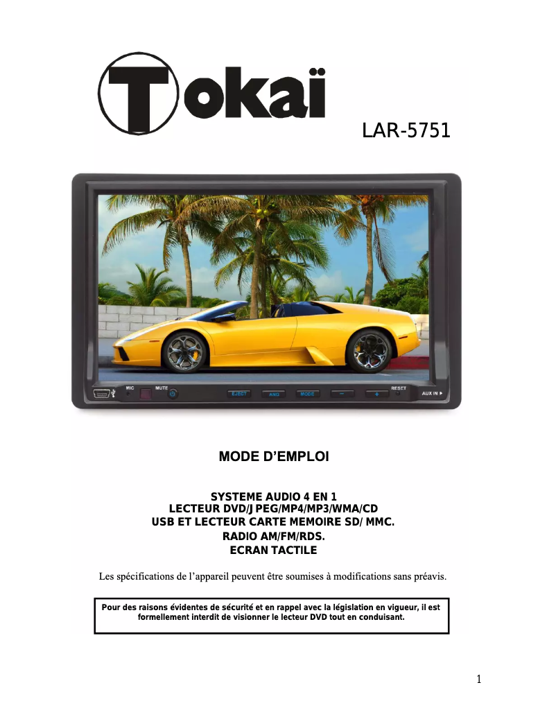 Page n°1 - Manuel utilisateur Tokaï LAR-5751