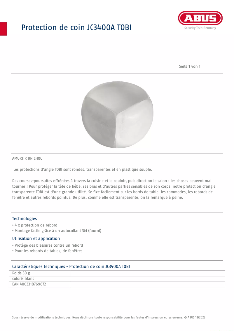 Page 1 de la notice Fiche technique Abus JC3400A TOBI