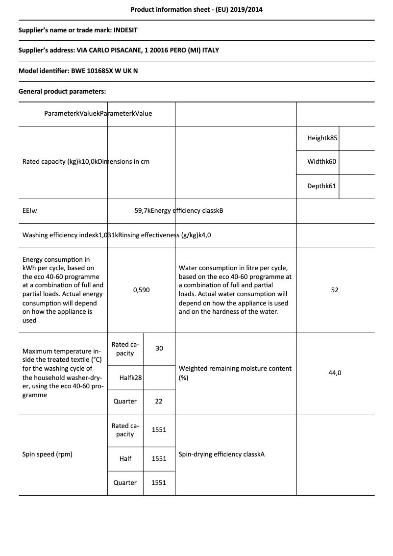 Page n°1 - Fiche technique Indesit BWE 101685X W UK N