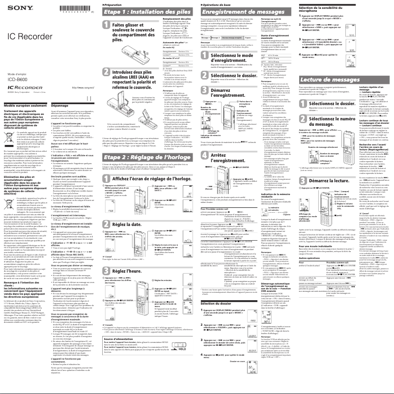 Page 1 de la notice Manuel utilisateur Sony ICD-B600