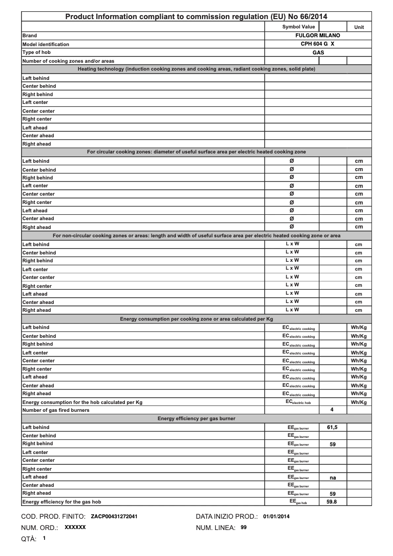 Page n°1 - Label énergétique Fulgor Milano CPH 604 G X