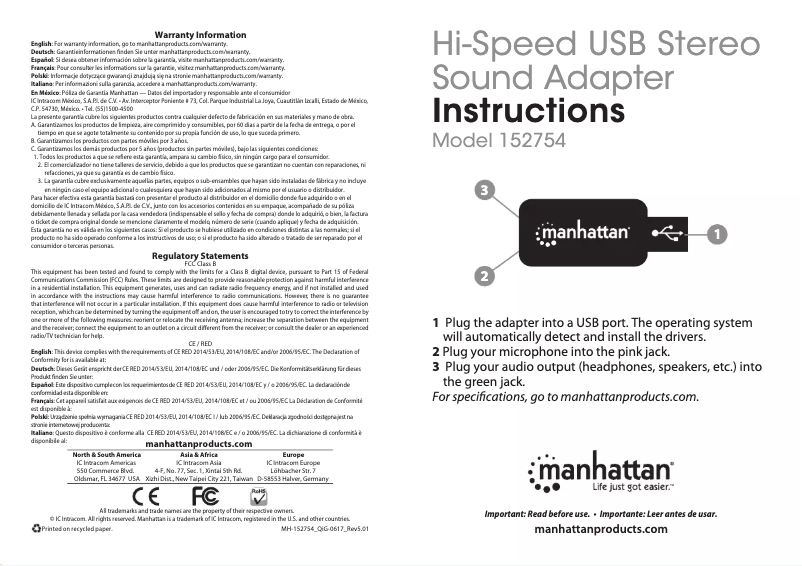 Page 1 de la notice Manuel utilisateur Manhattan 152754