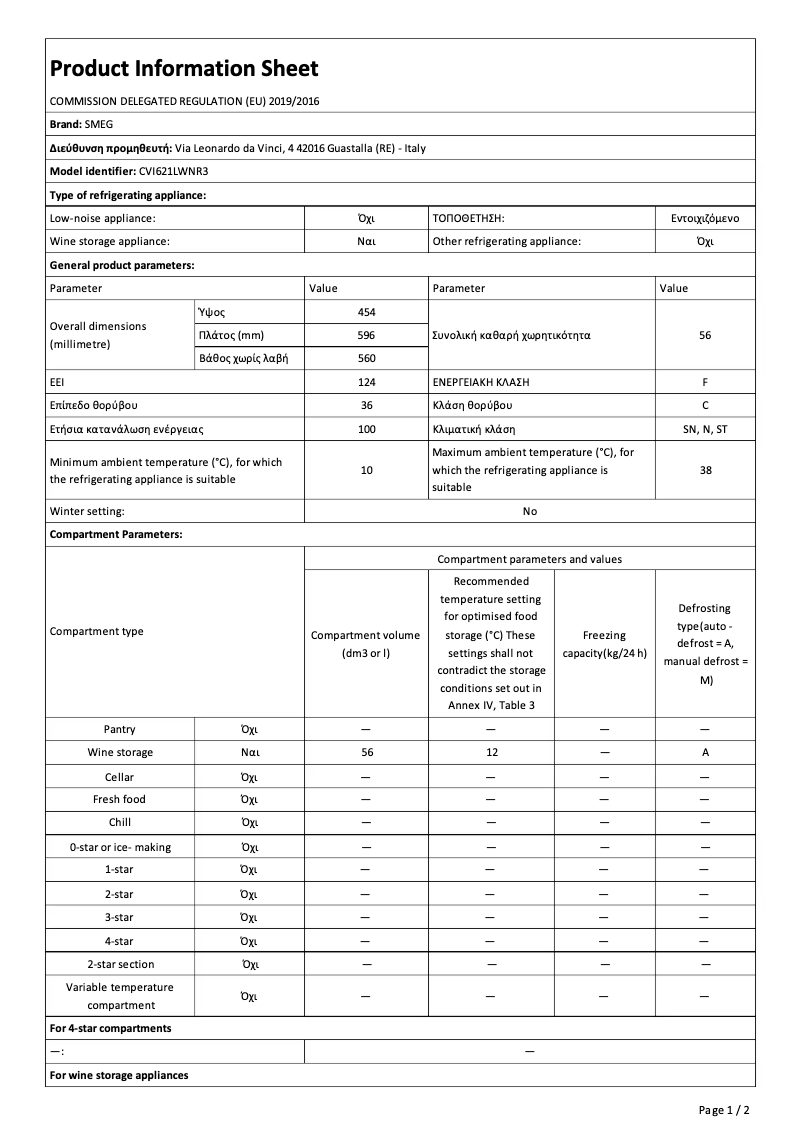 Page 1 de la notice Fiche technique Smeg CVI621LWNR3