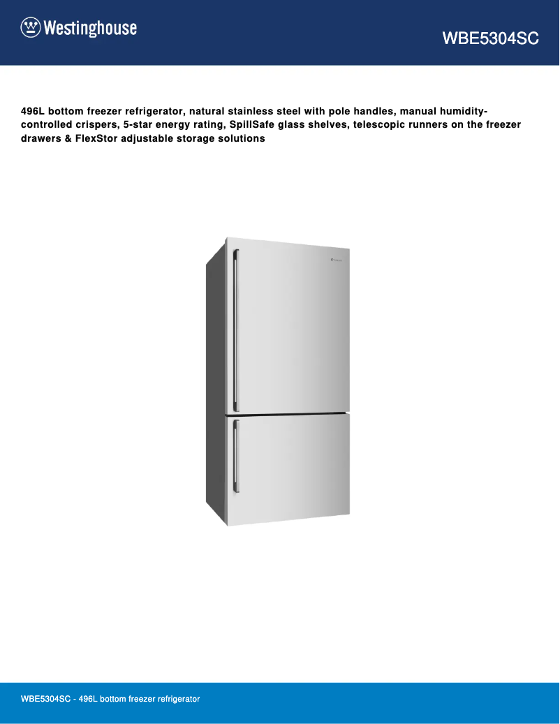 Page 1 de la notice Fiche technique Westinghouse WBE5304SC