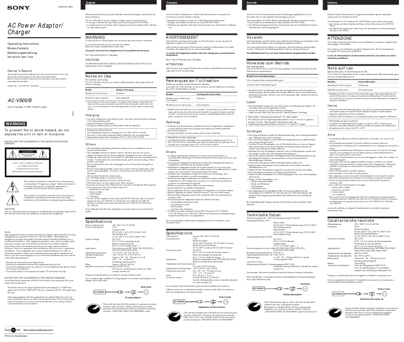 Page n°1 - Manuel utilisateur Sony AC-V900