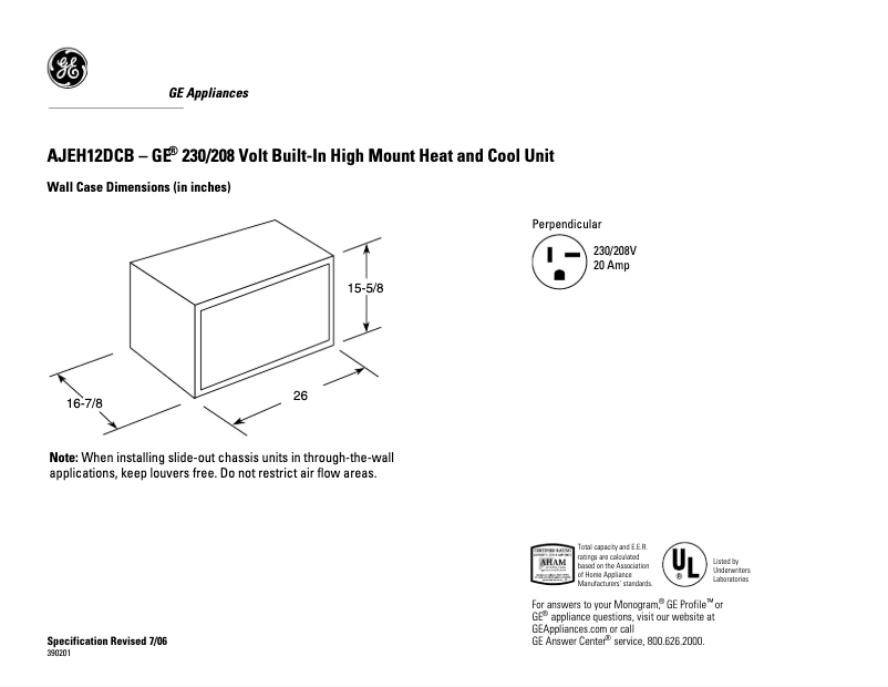 Page 1 de la notice Fiche technique GE AJEH12DCB