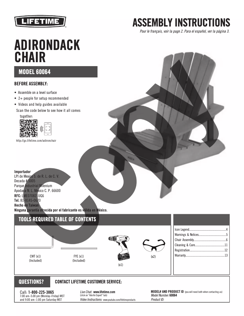 Page 1 de la notice Manuel utilisateur Lifetime 60064