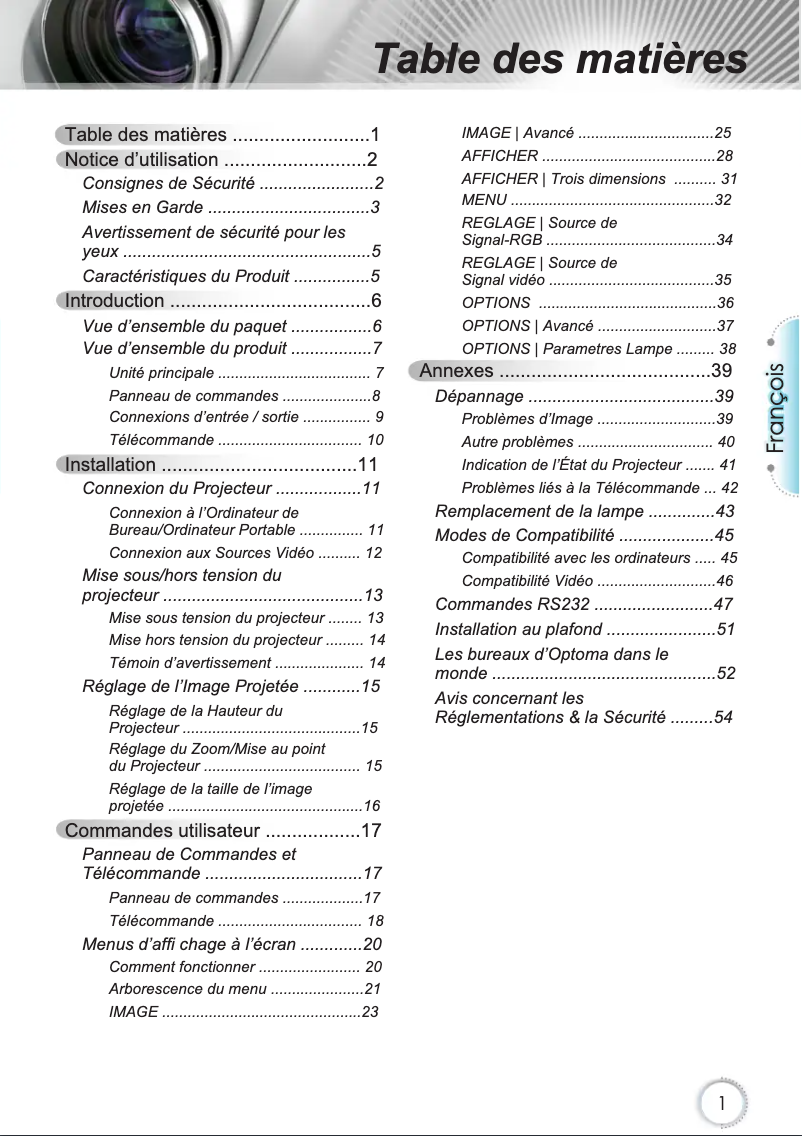 Page 1 de la notice Manuel utilisateur Optoma HD600X