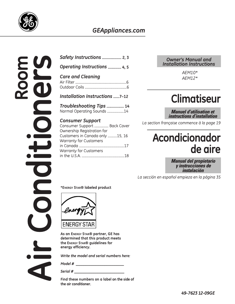 Page 1 de la notice Manuel d'utilisation et d'entretien GE AEM10AN