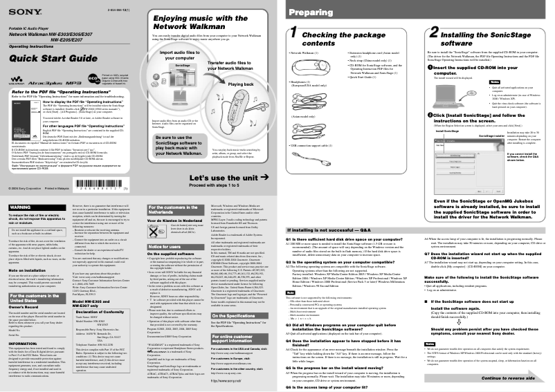 Page 1 de la notice Guide d'installation Sony NW-E305