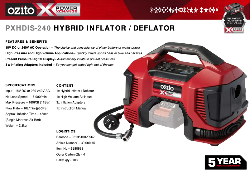 Page 1 de la notice Fiche technique Ozito PXHDIS-240