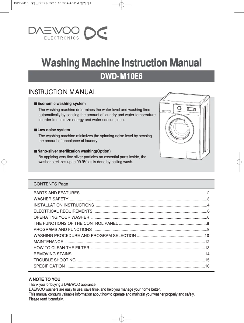 Page n°1 - Manuel utilisateur Daewoo DWD-M10E6