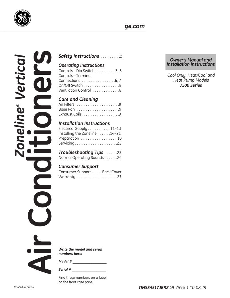 Page n°1 - Manuel d'utilisation et d'entretien GE AZ75E09EAC