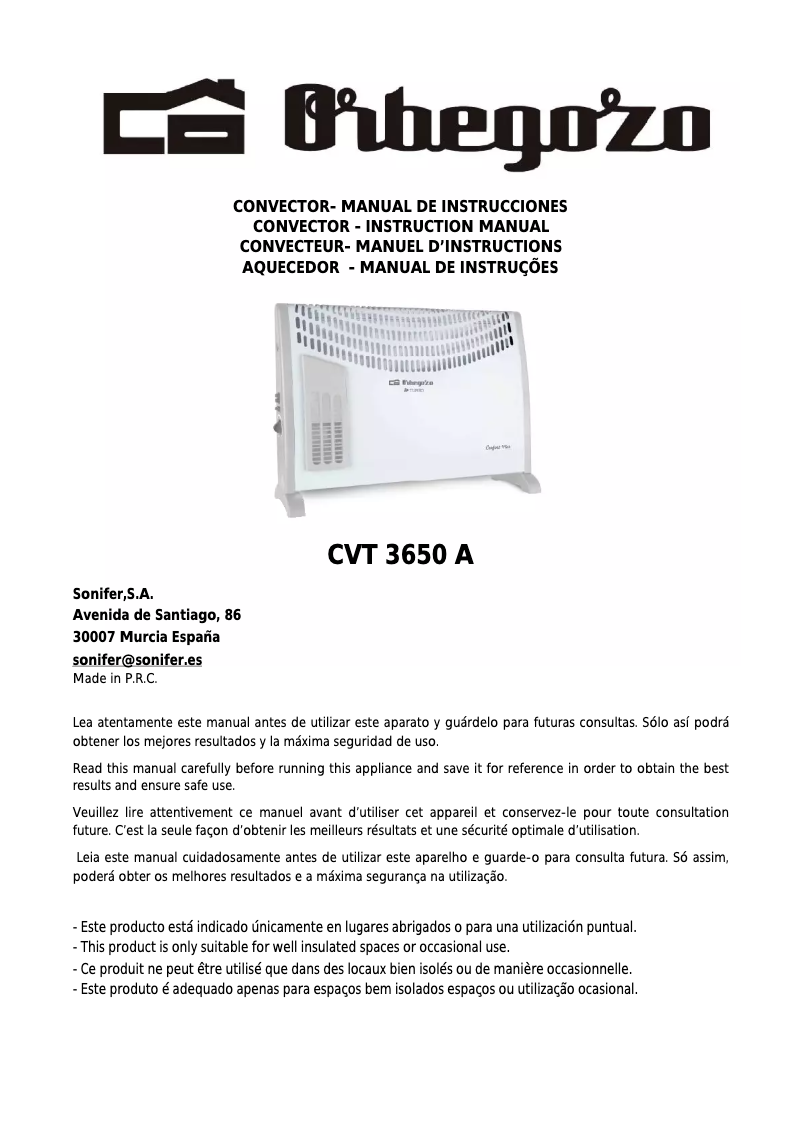 Page 1 de la notice Manuel utilisateur Orbegozo CVT 3650 A