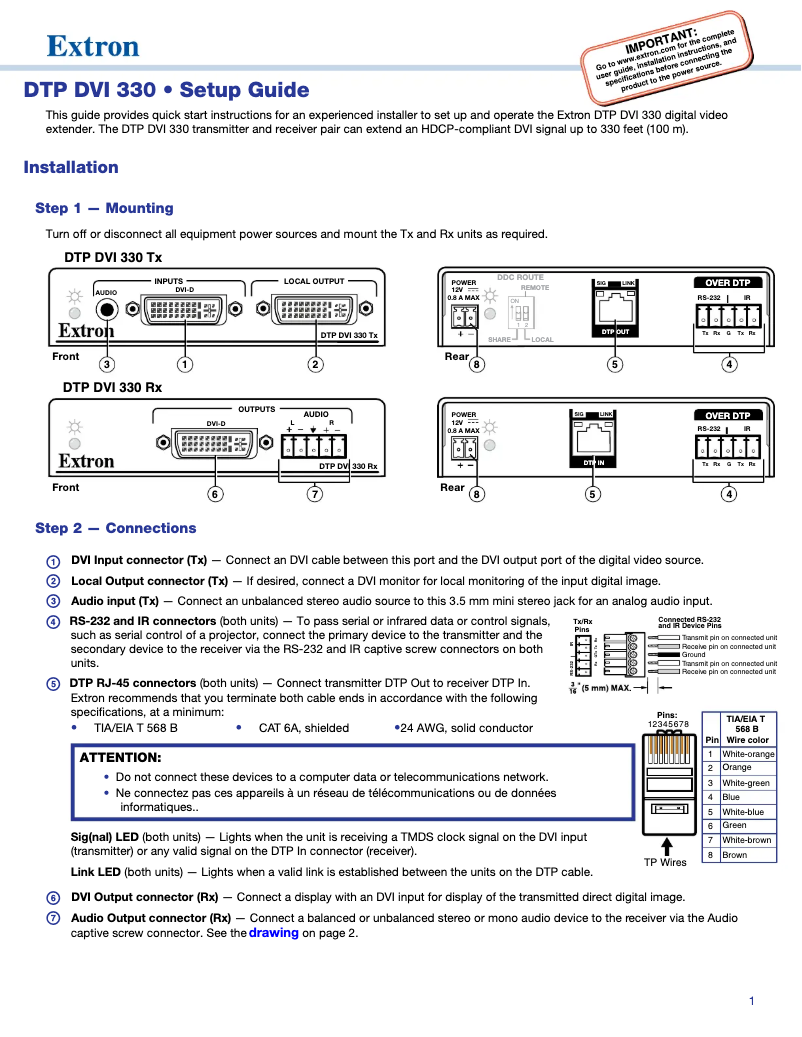 Page 1 de la notice Manuel utilisateur Extron DTP DVI 4K 330 Rx
