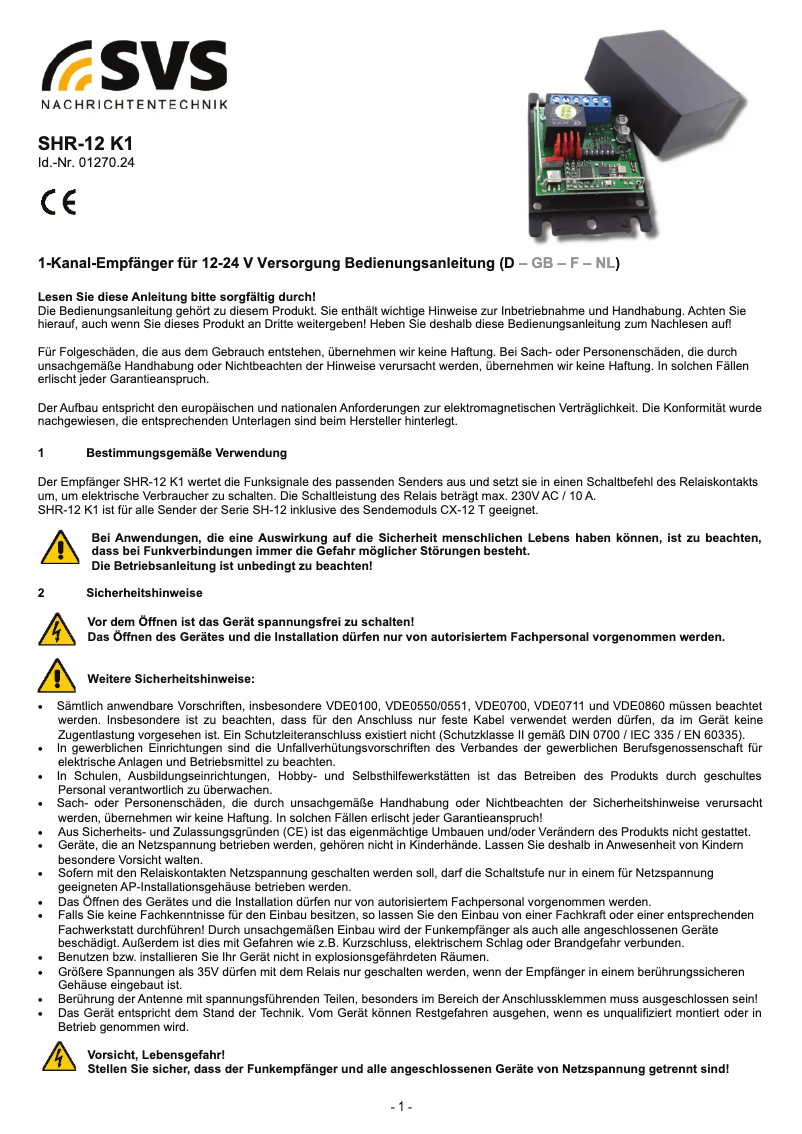 Page n°1 - Manuel utilisateur SVS SHR-12 K1