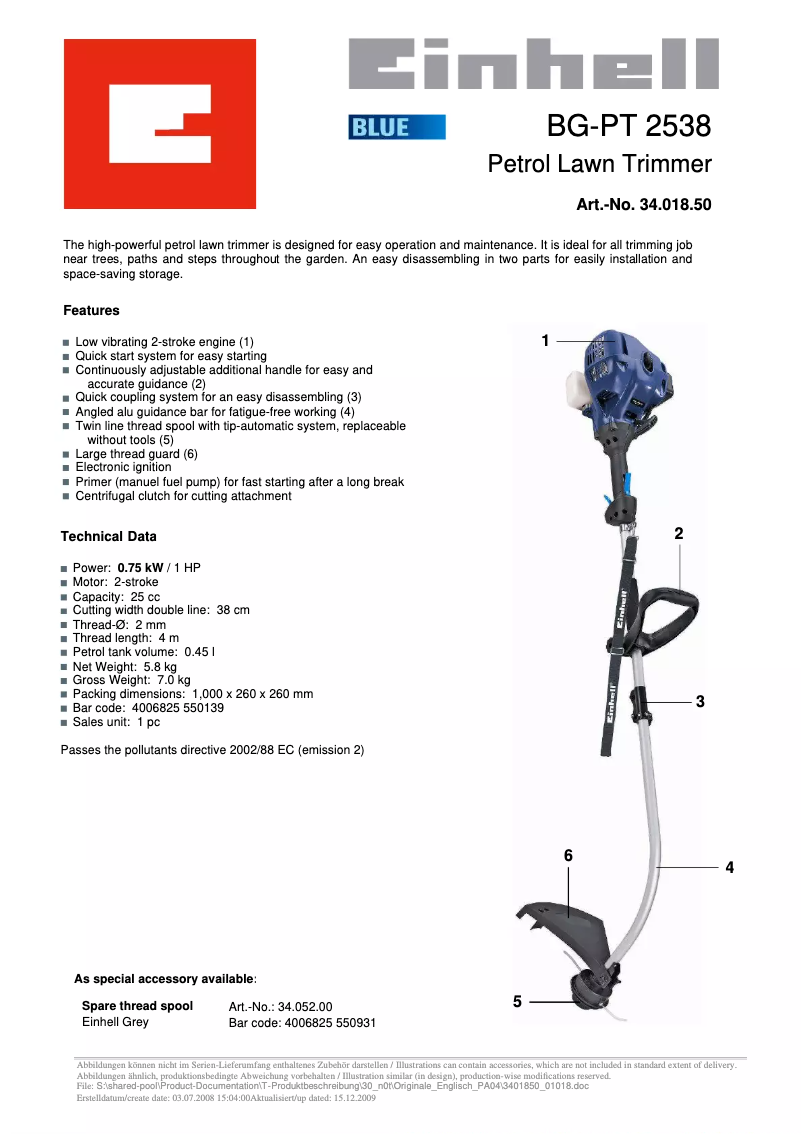 Page n°1 - Fiche technique Einhell BG-PT 2538