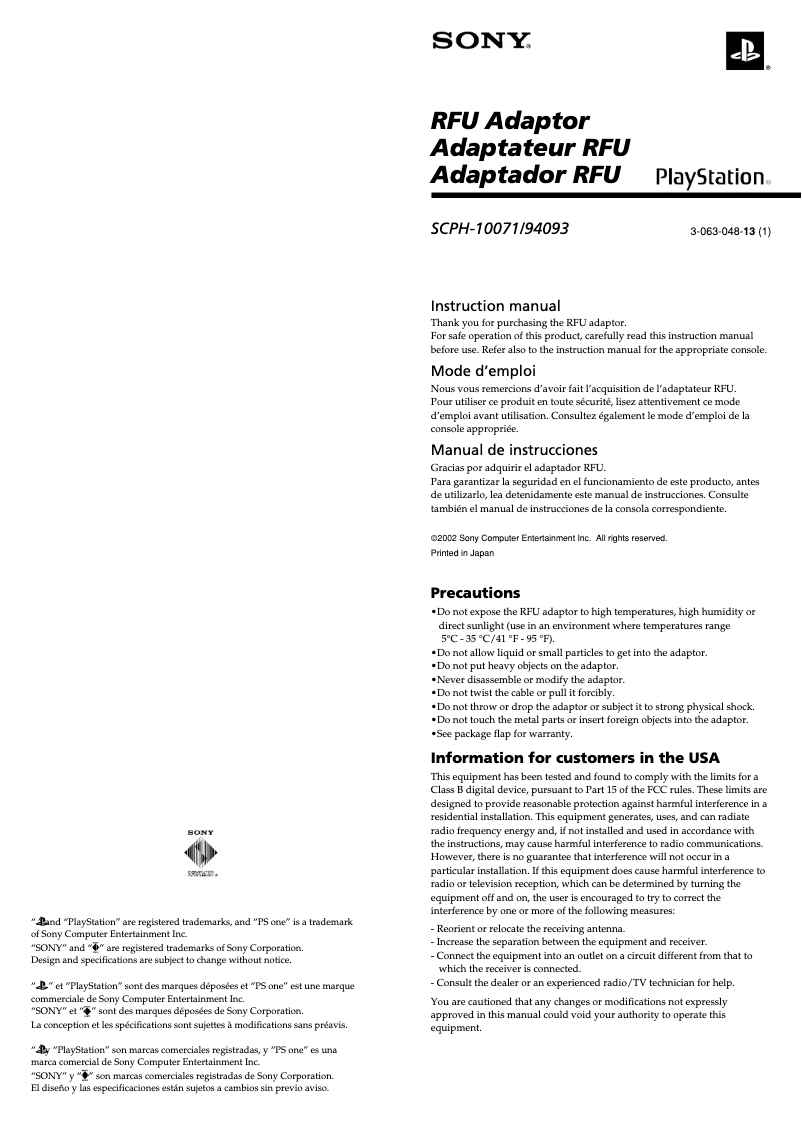 Page 1 de la notice Manuel utilisateur Sony PlayStation 2 RFU Adaptor