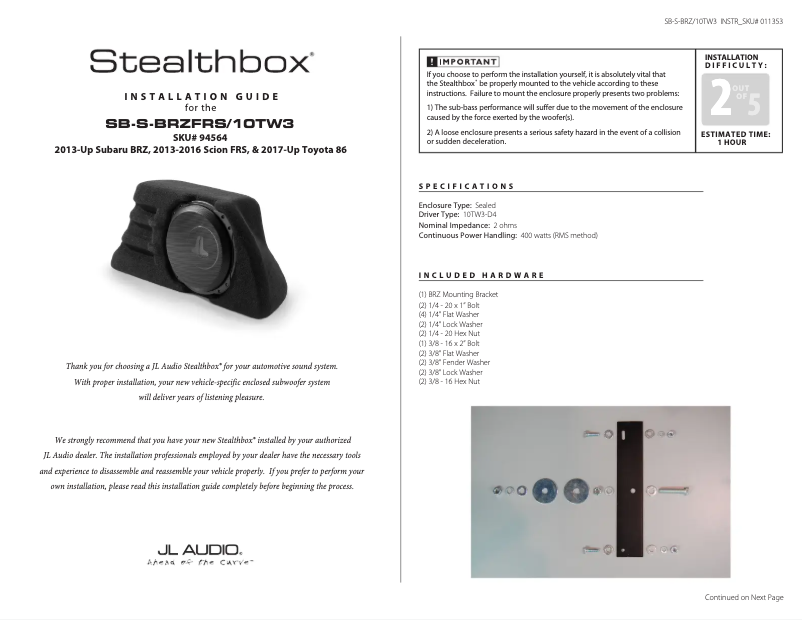 Page 1 de la notice Manuel utilisateur JL Audio Stealthbox SB-S-BRZFRS/10TW3