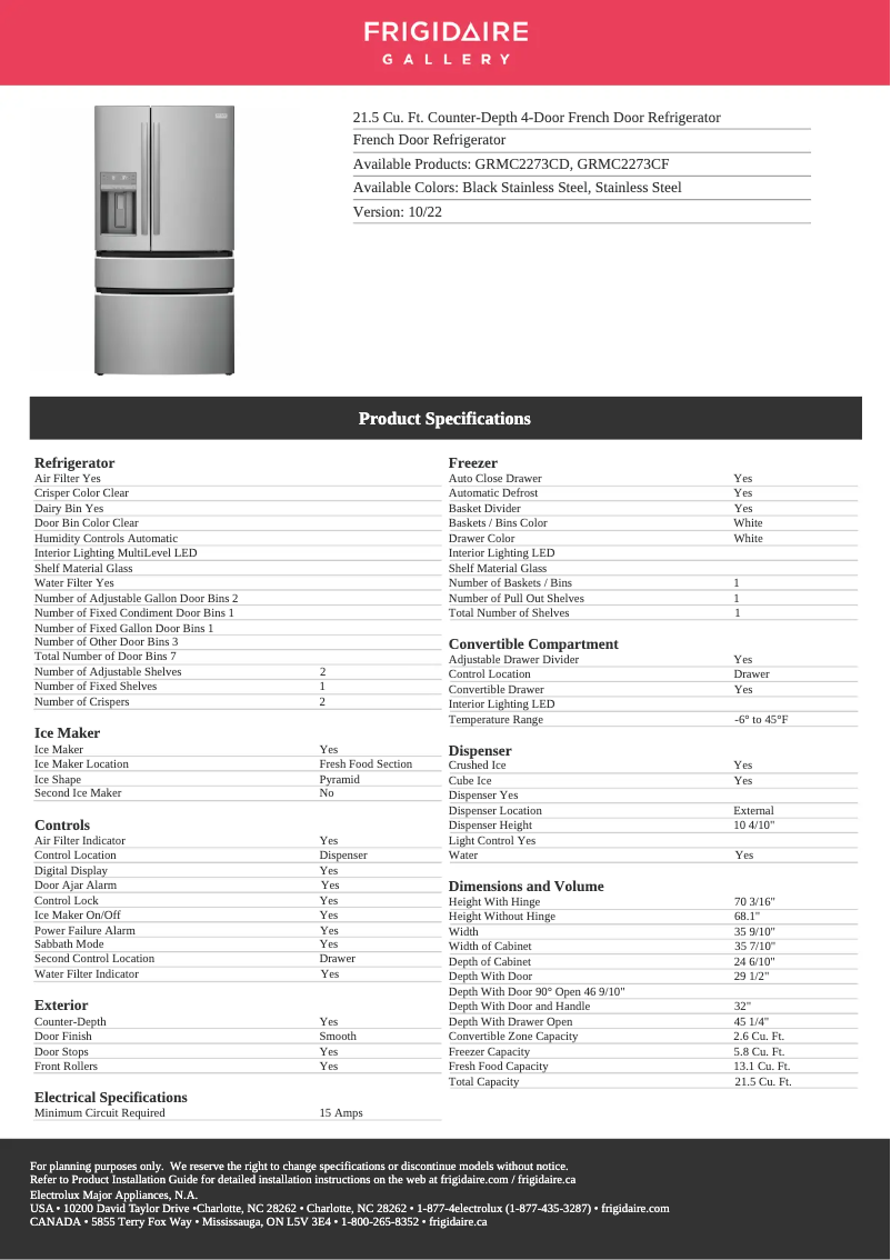 Página 1 del manual Ficha técnica Frigidaire GRMC2273CD