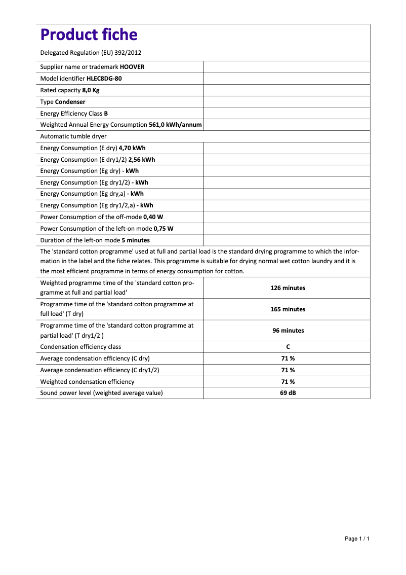 Page 1 de la notice Fiche technique Hoover HLEC8DG-80