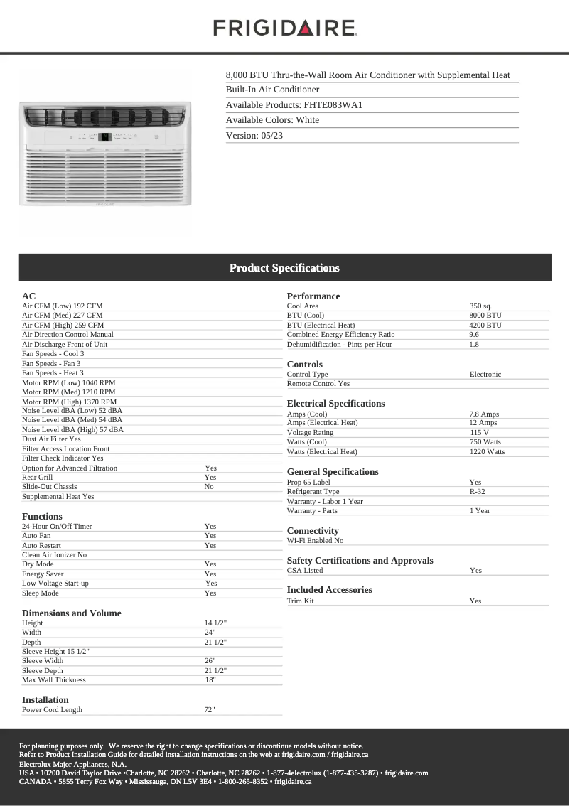 Page n°1 - Fiche technique Frigidaire FHTE083WA1
