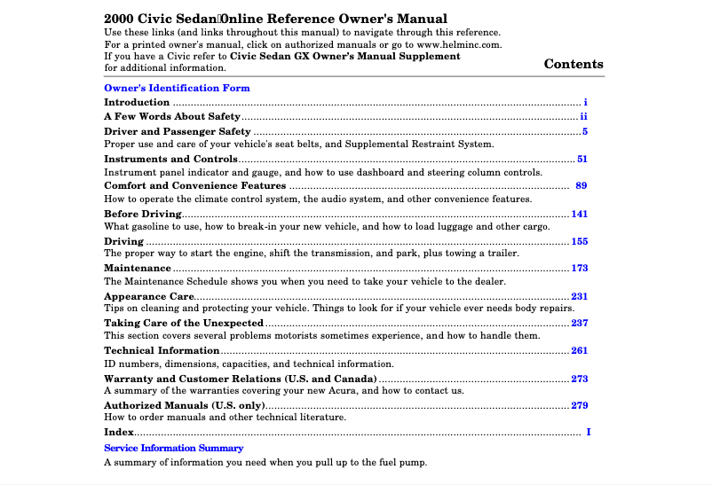 Page 1 de la notice Manuel utilisateur Honda Civic (2000)