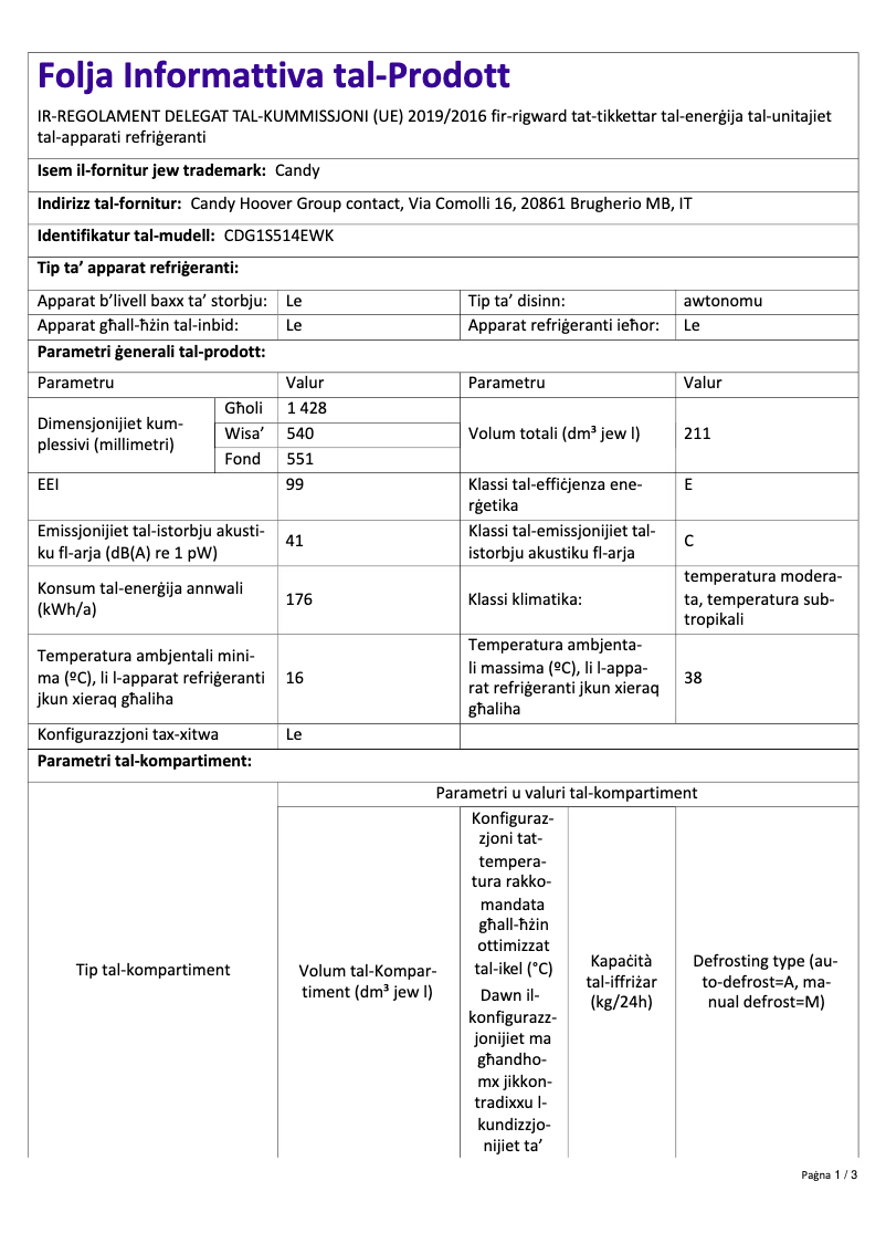 Page 1 de la notice Fiche technique Candy CDG1S514EWK