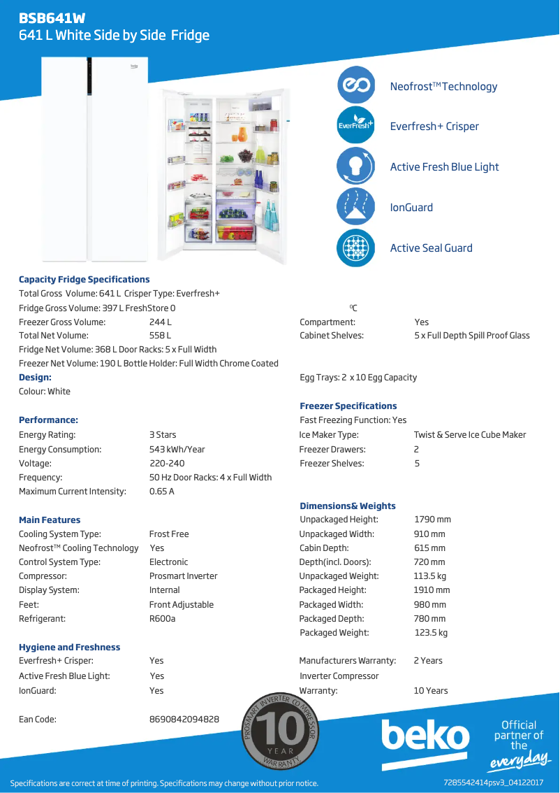 Page 1 de la notice Fiche technique Beko BSB641W