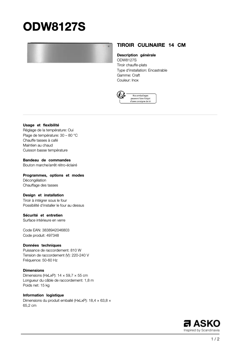 Page 1 de la notice Fiche technique Asko ODW8127S